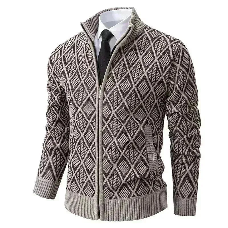 2024 Fall Winter Men Fleece-lined Thick Stand Collar Sweater Cardigan for men