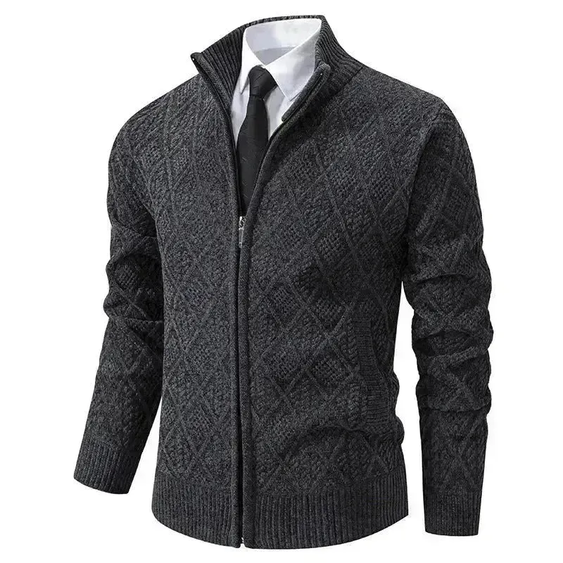 2024 Fall Winter Men Fleece-lined Thick Stand Collar Sweater Cardigan for men