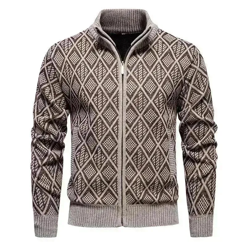 2024 Fall Winter Men Fleece-lined Thick Stand Collar Sweater Cardigan for men