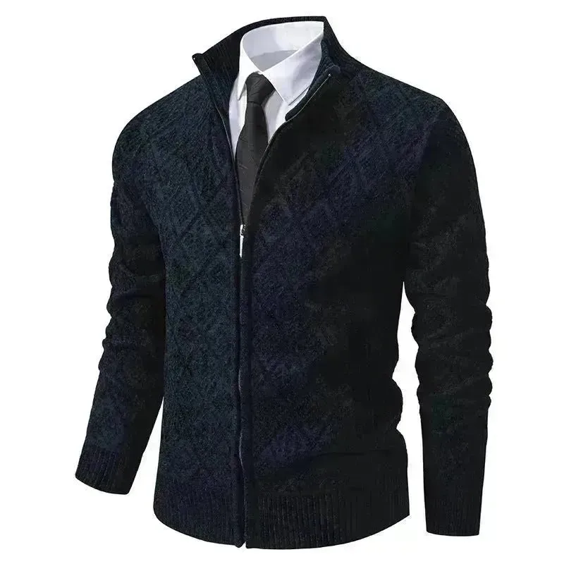 2024 Fall Winter Men Fleece-lined Thick Stand Collar Sweater Cardigan for men