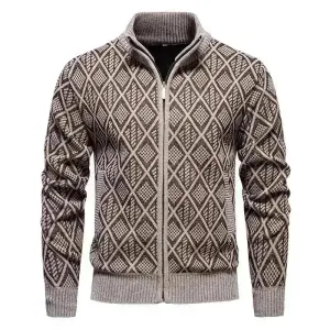 2024 Fall Winter Men Fleece-lined Thick Stand Collar Sweater Cardigan for men