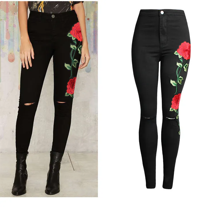 3D Embroidery Ladies' High Waist Jeans