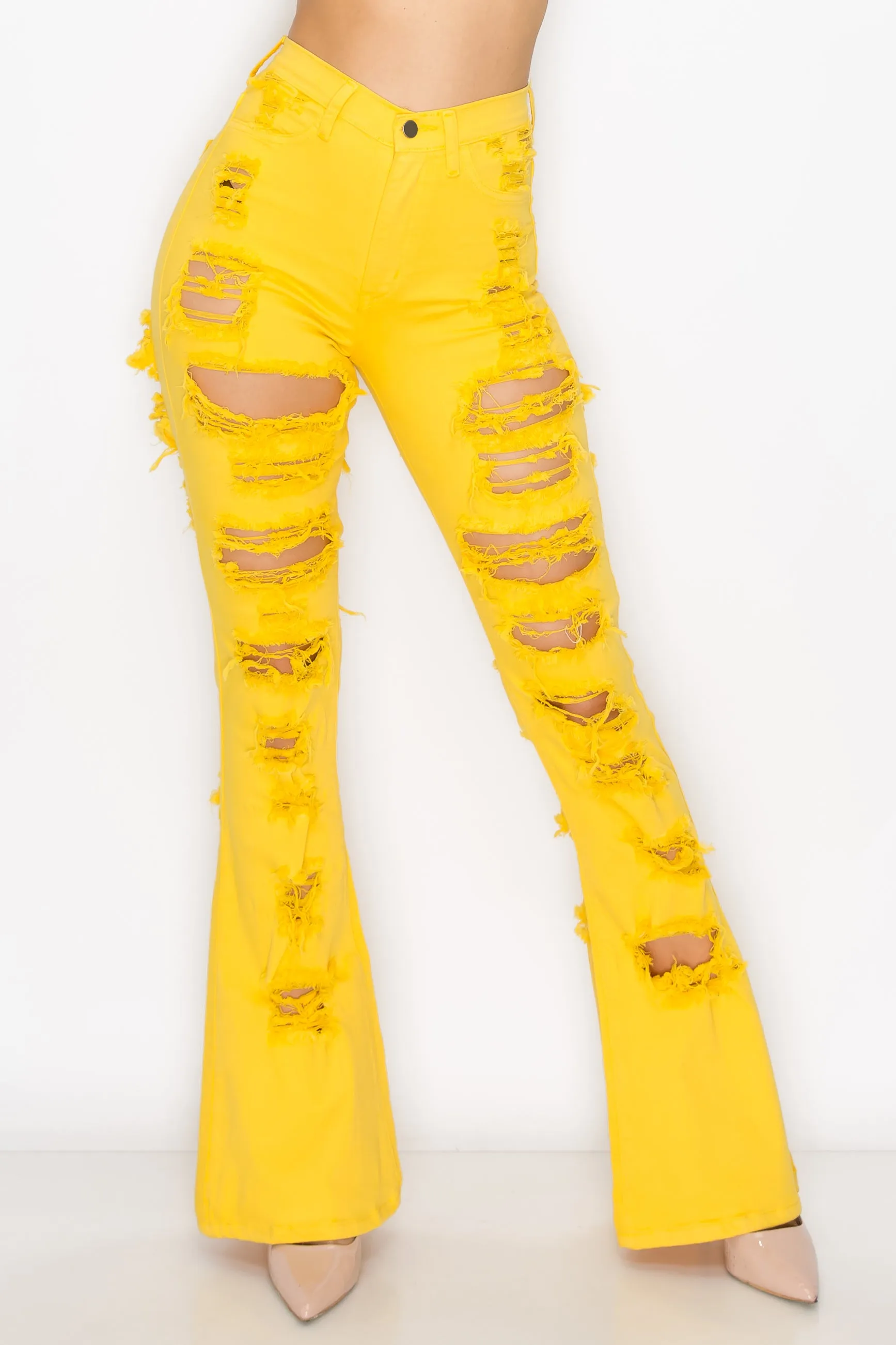 40260 Women's High Waisted Flare Jeans with Front and Back Slice Destruction