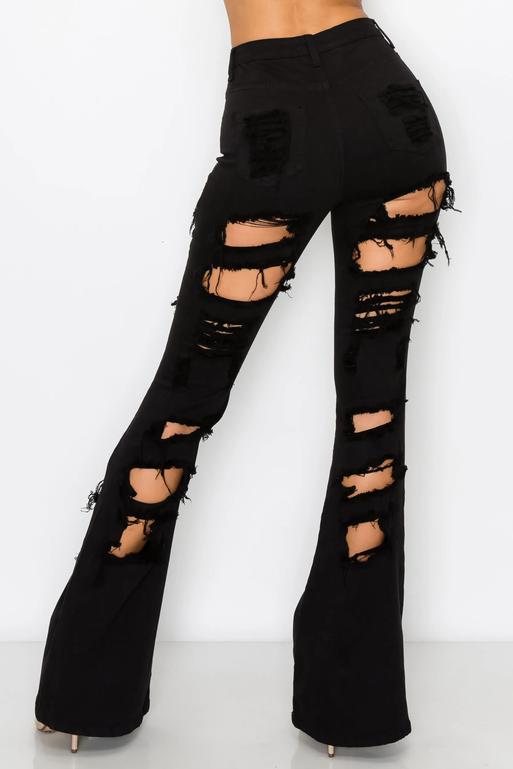 40260 Women's High Waisted Flare Jeans with Front and Back Slice Destruction