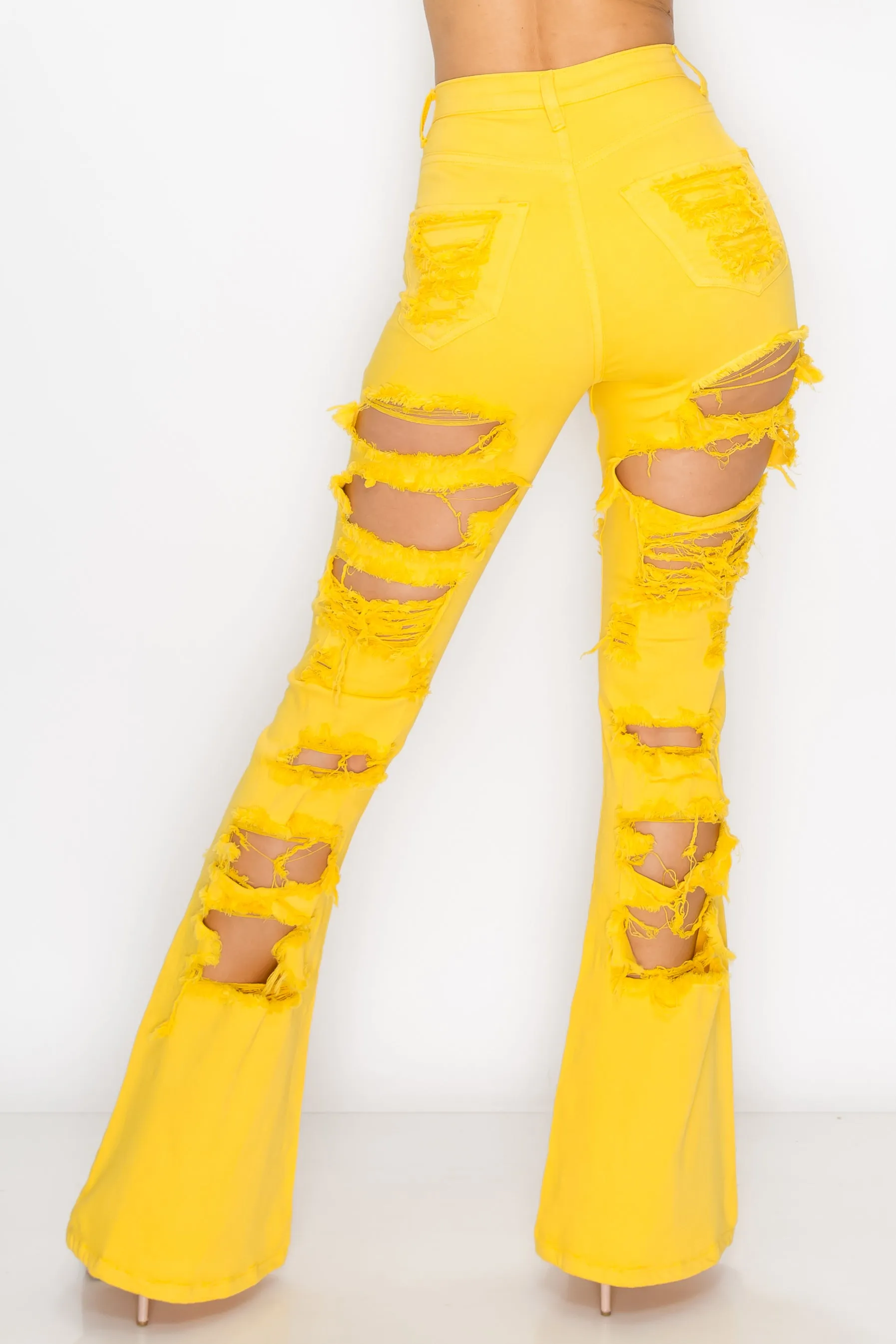 40260 Women's High Waisted Flare Jeans with Front and Back Slice Destruction