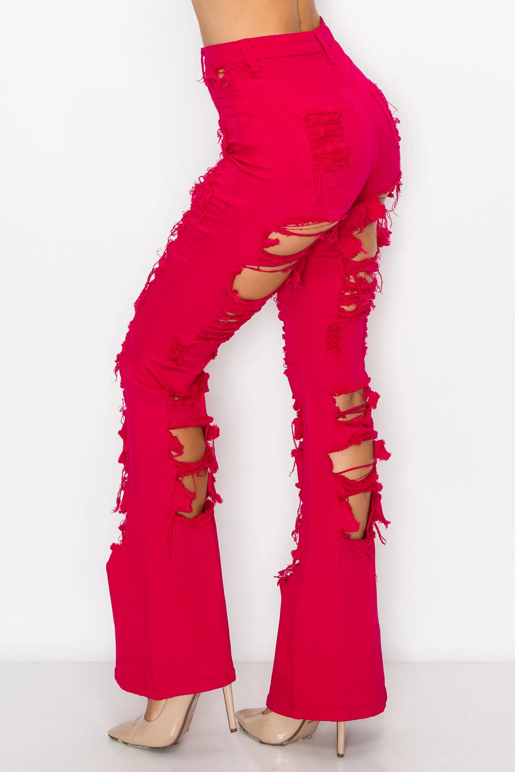 40260 Women's High Waisted Flare Jeans with Front and Back Slice Destruction