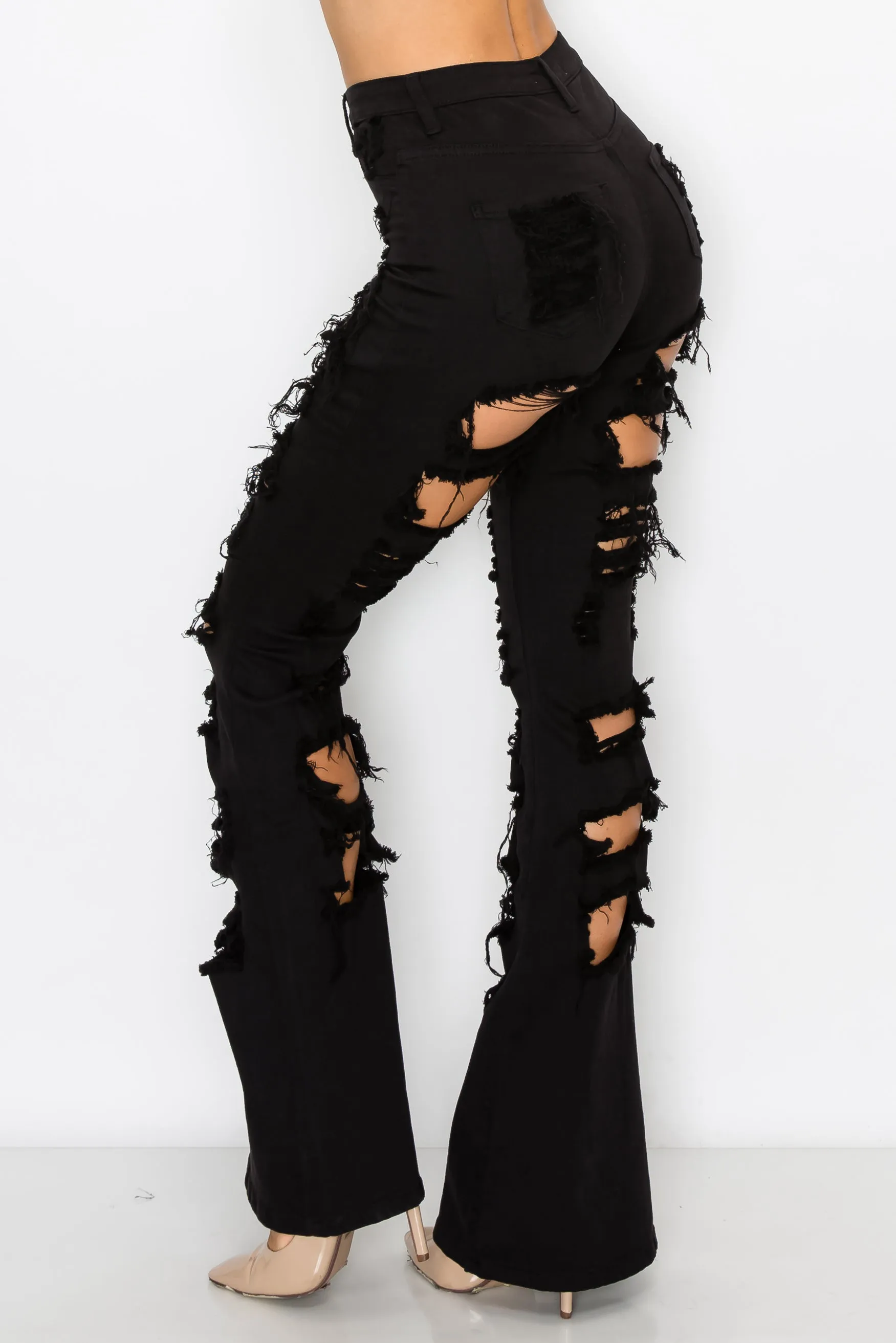 40260 Women's High Waisted Flare Jeans with Front and Back Slice Destruction