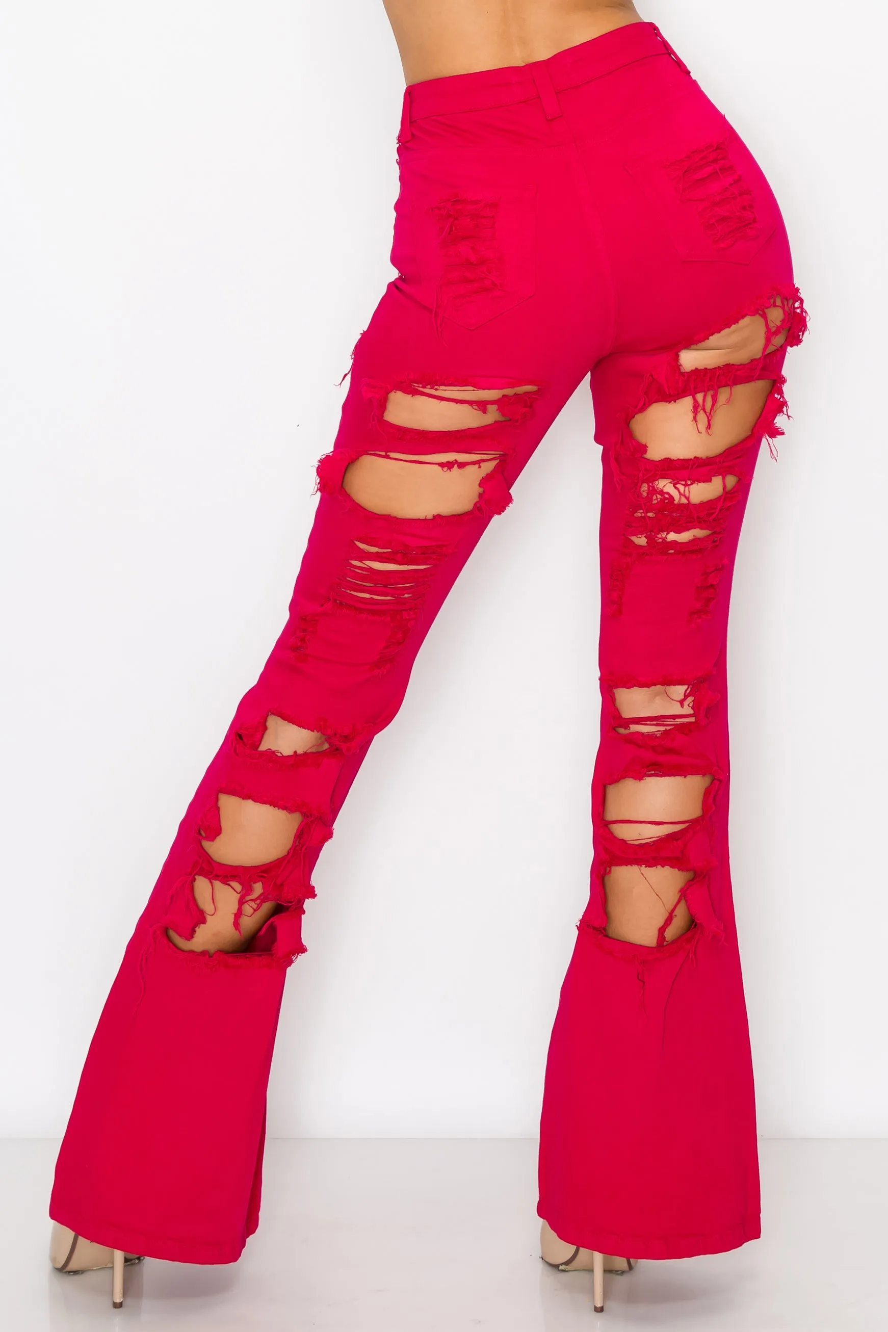 40260 Women's High Waisted Flare Jeans with Front and Back Slice Destruction