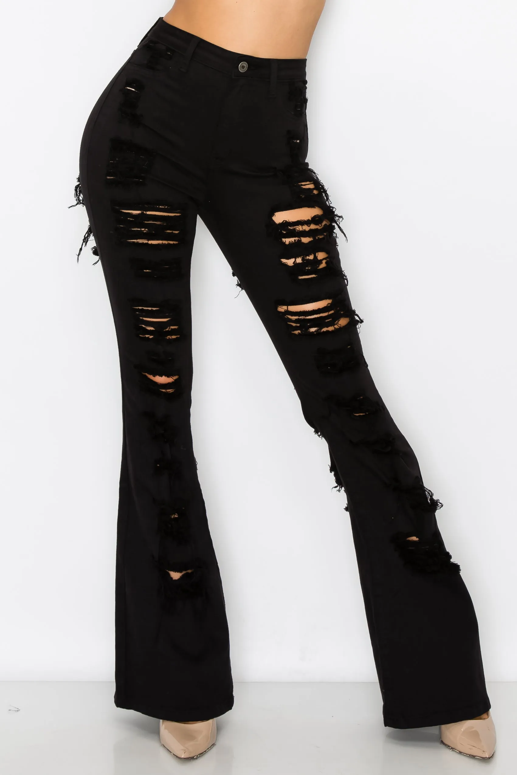 40260 Women's High Waisted Flare Jeans with Front and Back Slice Destruction