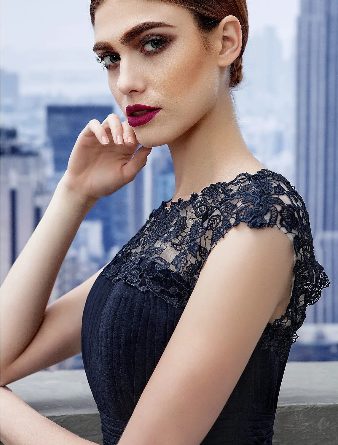 A-Line Evening Gown Dress Wedding Guest Floor Length Short Sleeve Boat Neck Chiffon with Ruched Lace