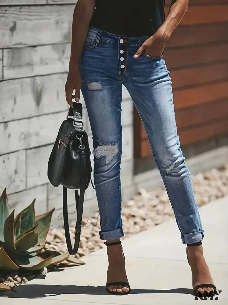 Amy Fashion - Blue Ripped Holes Denim Slim Fit Single-Breasted Button High-Stretch Casual Denim Jean