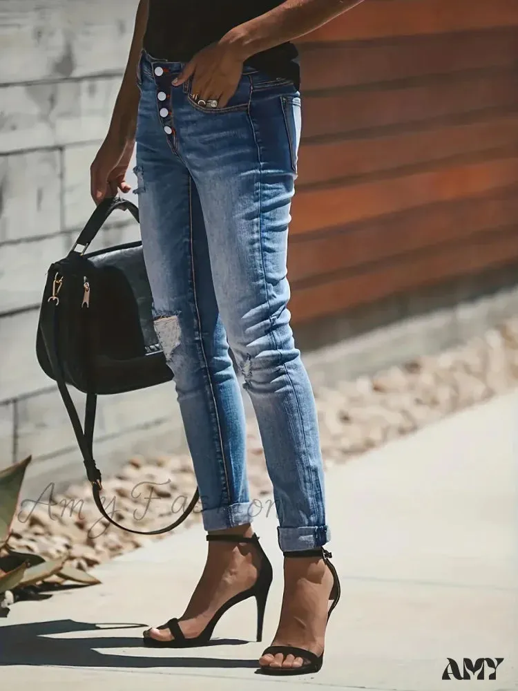 Amy Fashion - Blue Ripped Holes Denim Slim Fit Single-Breasted Button High-Stretch Casual Denim Jean