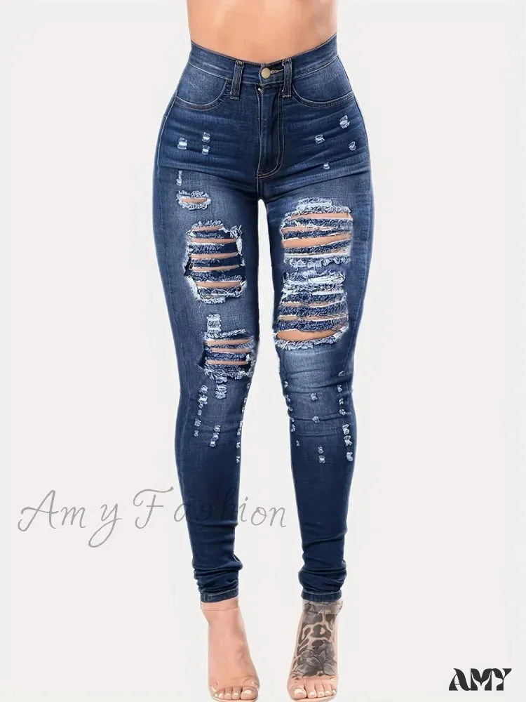 Amy Fashion - Blue Ripped Holes Skinny Distressed High Waist Slim Fit Slash Pockets Denim Jean