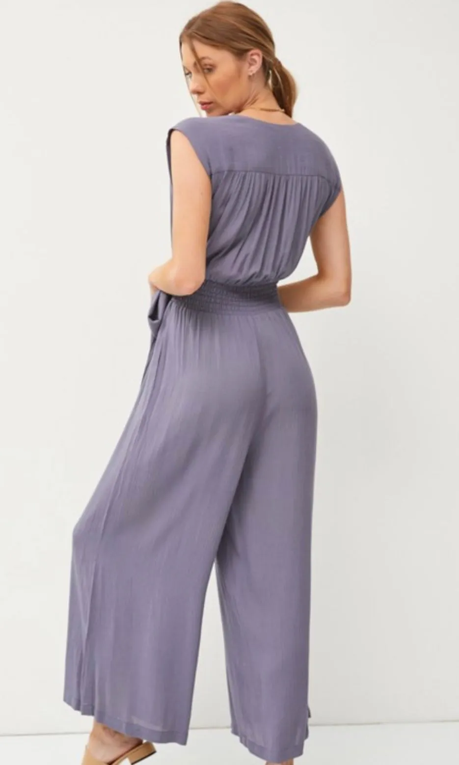 Ansha Indigo Blue Wrap Crossover Smocked Side Pocket Romper Jumpsuit