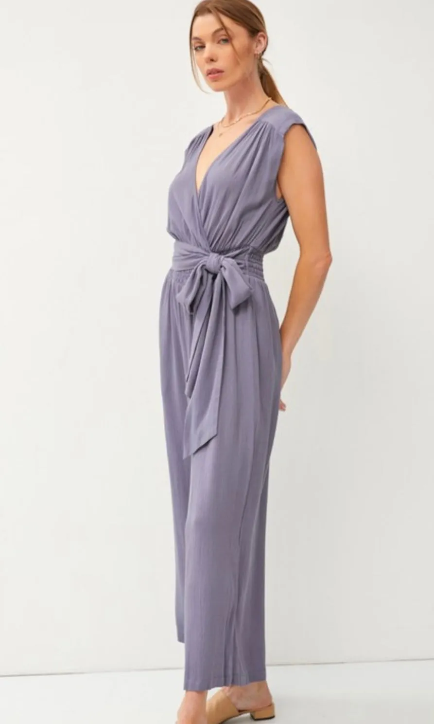 Ansha Indigo Blue Wrap Crossover Smocked Side Pocket Romper Jumpsuit