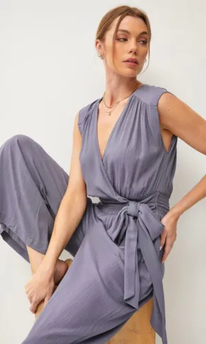 Ansha Indigo Blue Wrap Crossover Smocked Side Pocket Romper Jumpsuit