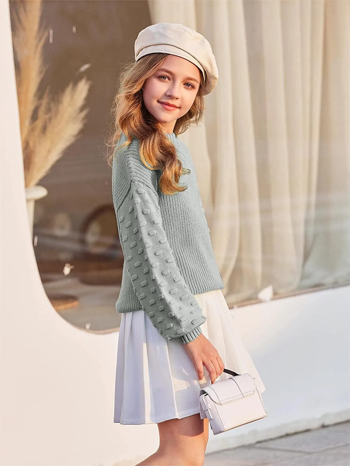 Arshiner Girls Crewneck Sweaters Chunky Lantern Sleeve Knit Jumper