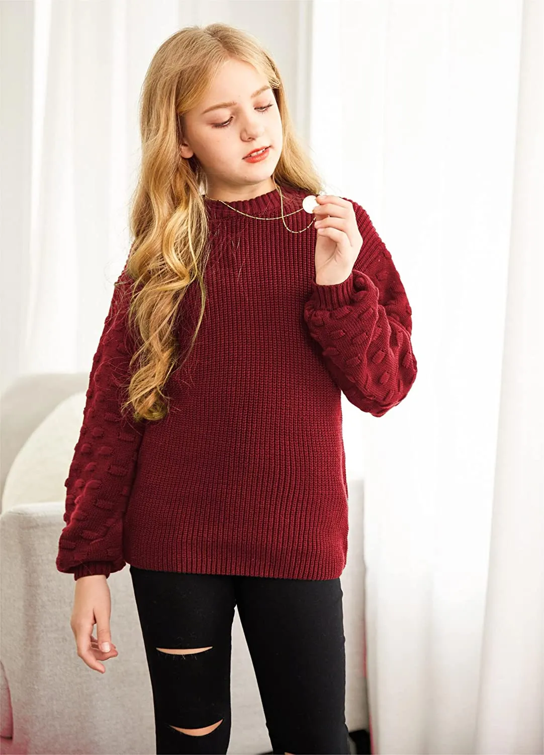 Arshiner Girls Crewneck Sweaters Chunky Lantern Sleeve Knit Jumper