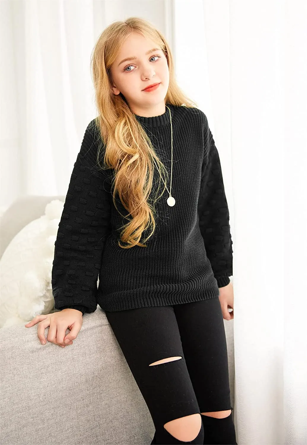 Arshiner Girls Crewneck Sweaters Chunky Lantern Sleeve Knit Jumper