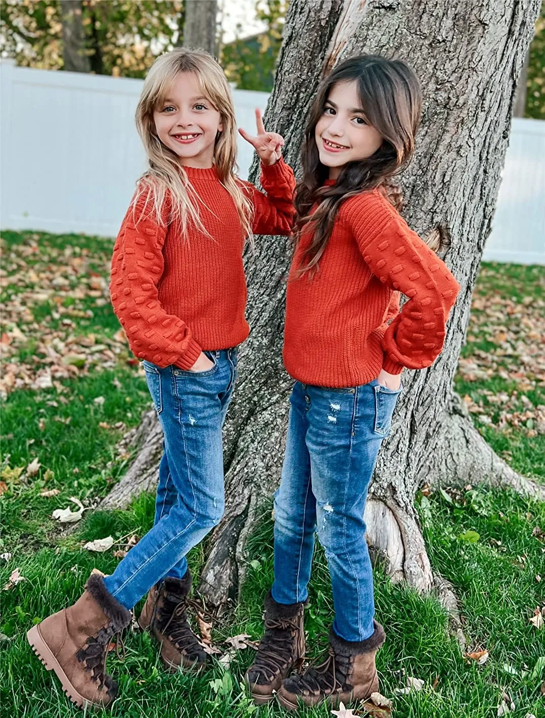 Arshiner Girls Crewneck Sweaters Chunky Lantern Sleeve Knit Jumper