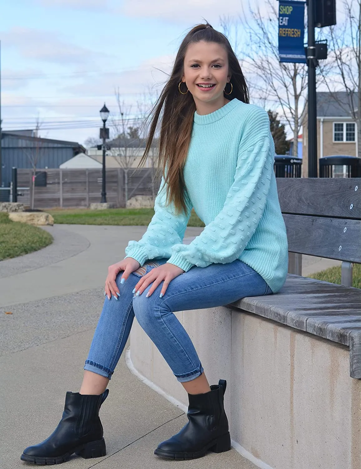 Arshiner Girls Crewneck Sweaters Chunky Lantern Sleeve Knit Jumper