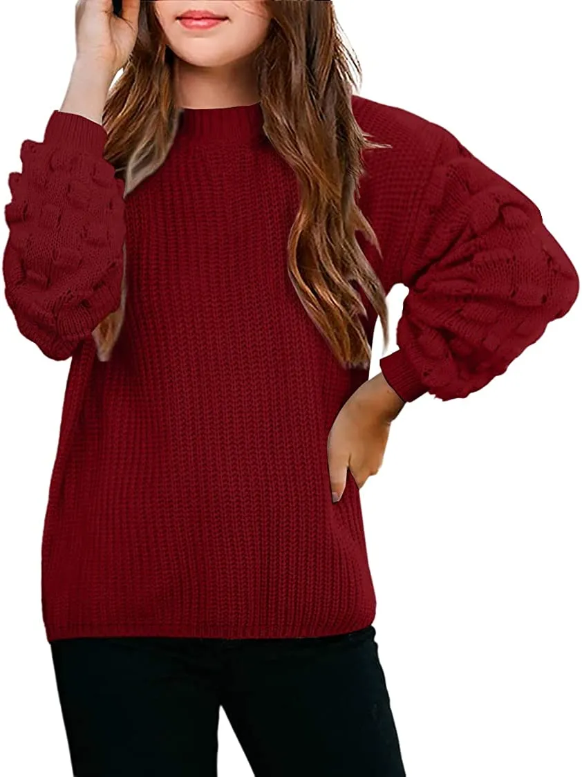 Arshiner Girls Crewneck Sweaters Chunky Lantern Sleeve Knit Jumper