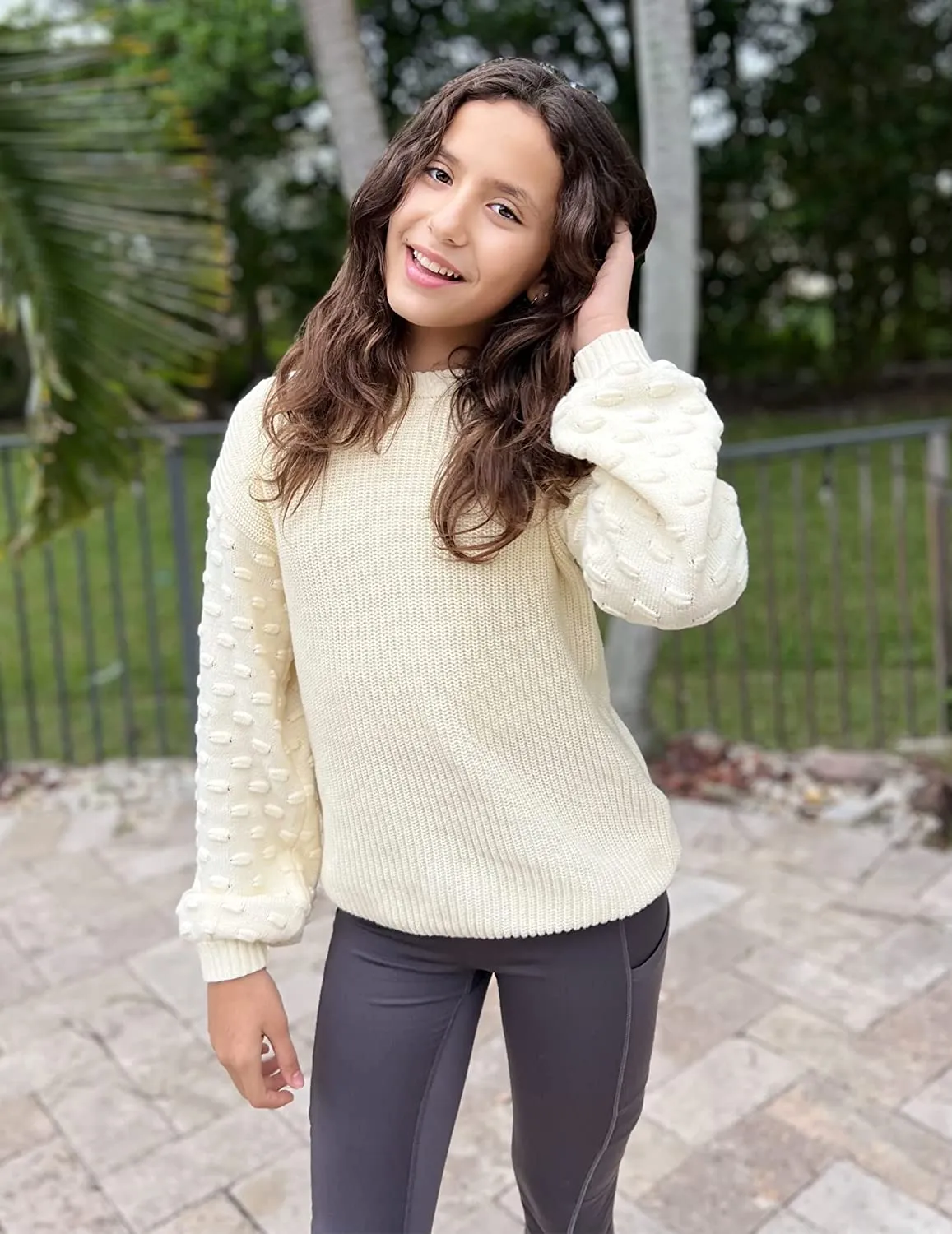 Arshiner Girls Crewneck Sweaters Chunky Lantern Sleeve Knit Jumper
