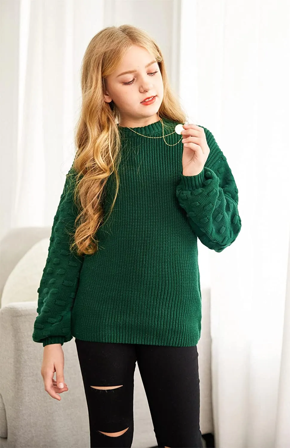 Arshiner Girls Crewneck Sweaters Chunky Lantern Sleeve Knit Jumper