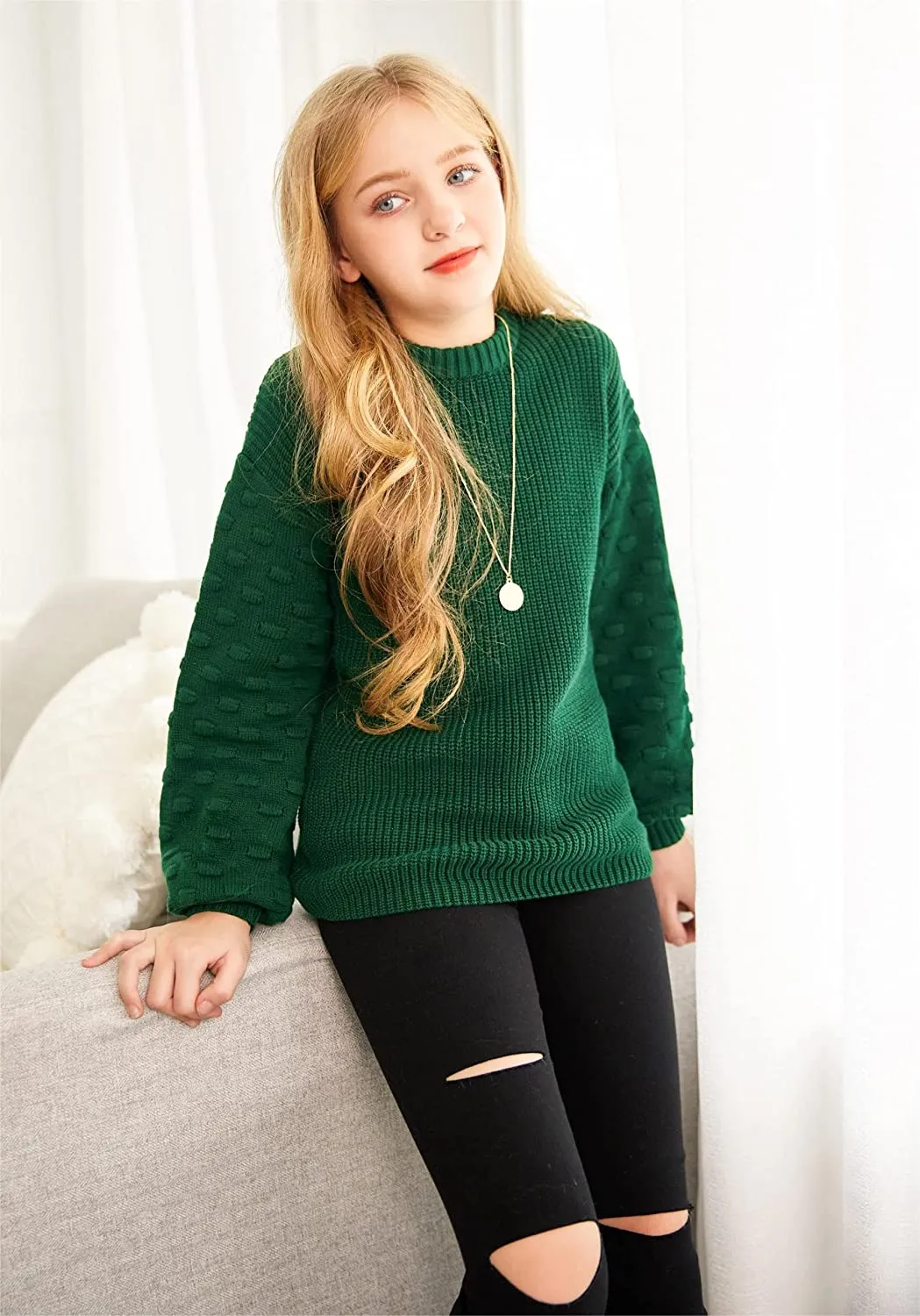 Arshiner Girls Crewneck Sweaters Chunky Lantern Sleeve Knit Jumper