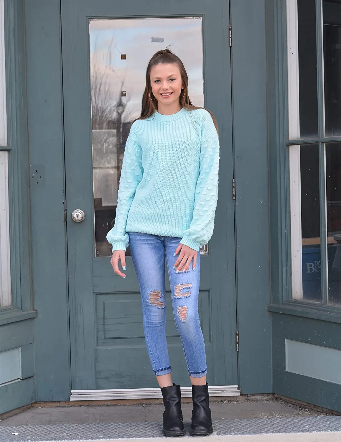 Arshiner Girls Crewneck Sweaters Chunky Lantern Sleeve Knit Jumper