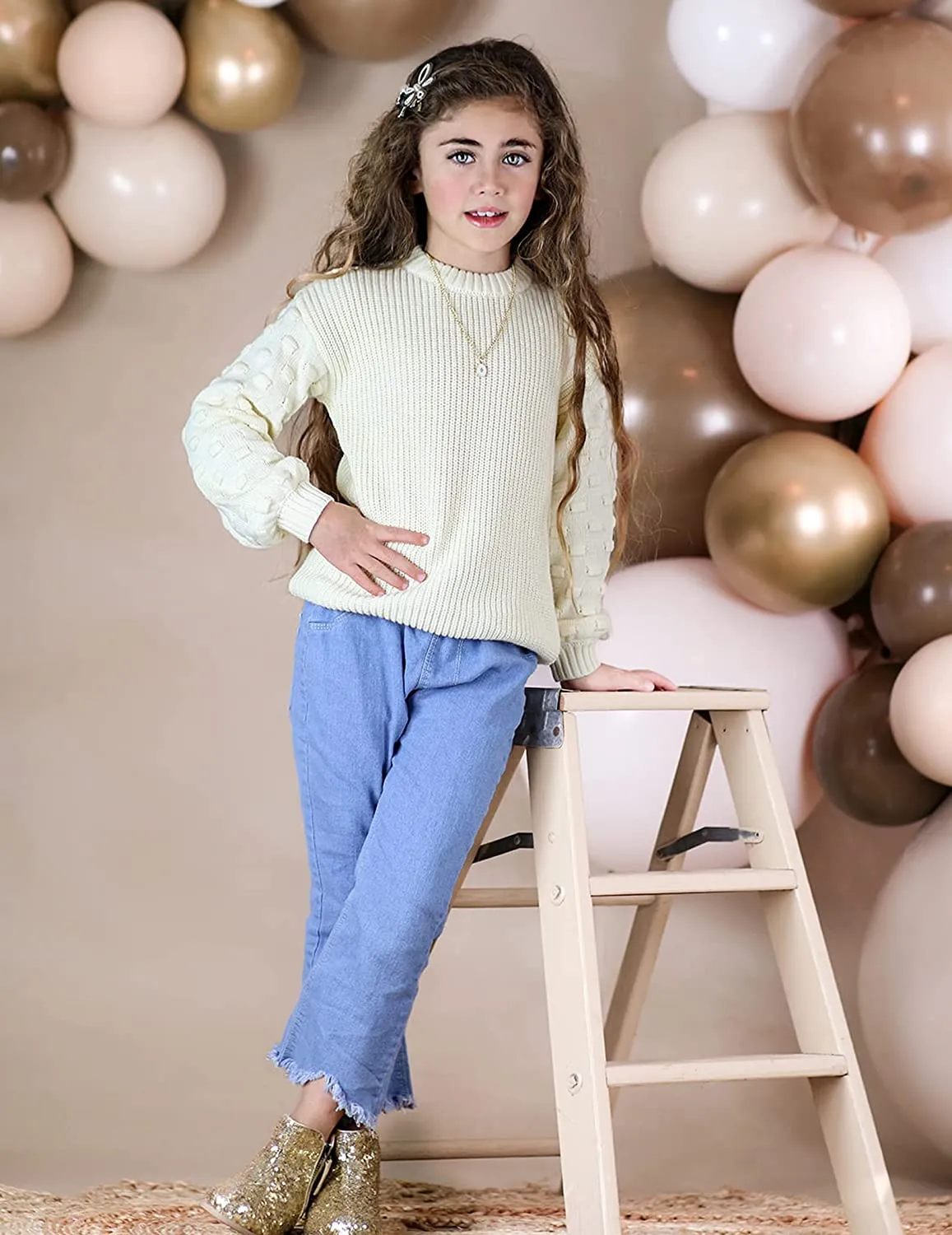 Arshiner Girls Crewneck Sweaters Chunky Lantern Sleeve Knit Jumper