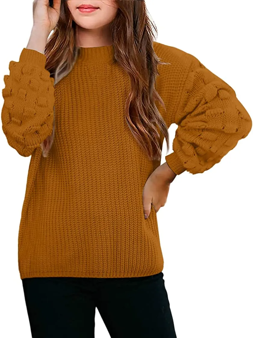 Arshiner Girls Crewneck Sweaters Chunky Lantern Sleeve Knit Jumper