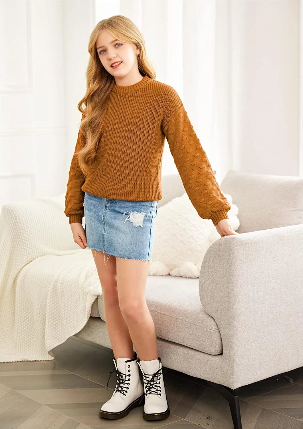 Arshiner Girls Crewneck Sweaters Chunky Lantern Sleeve Knit Jumper