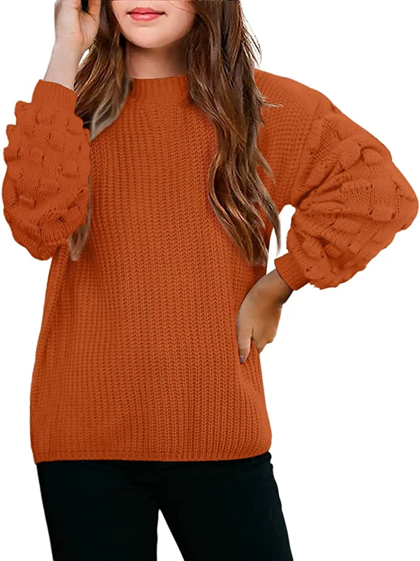 Arshiner Girls Crewneck Sweaters Chunky Lantern Sleeve Knit Jumper