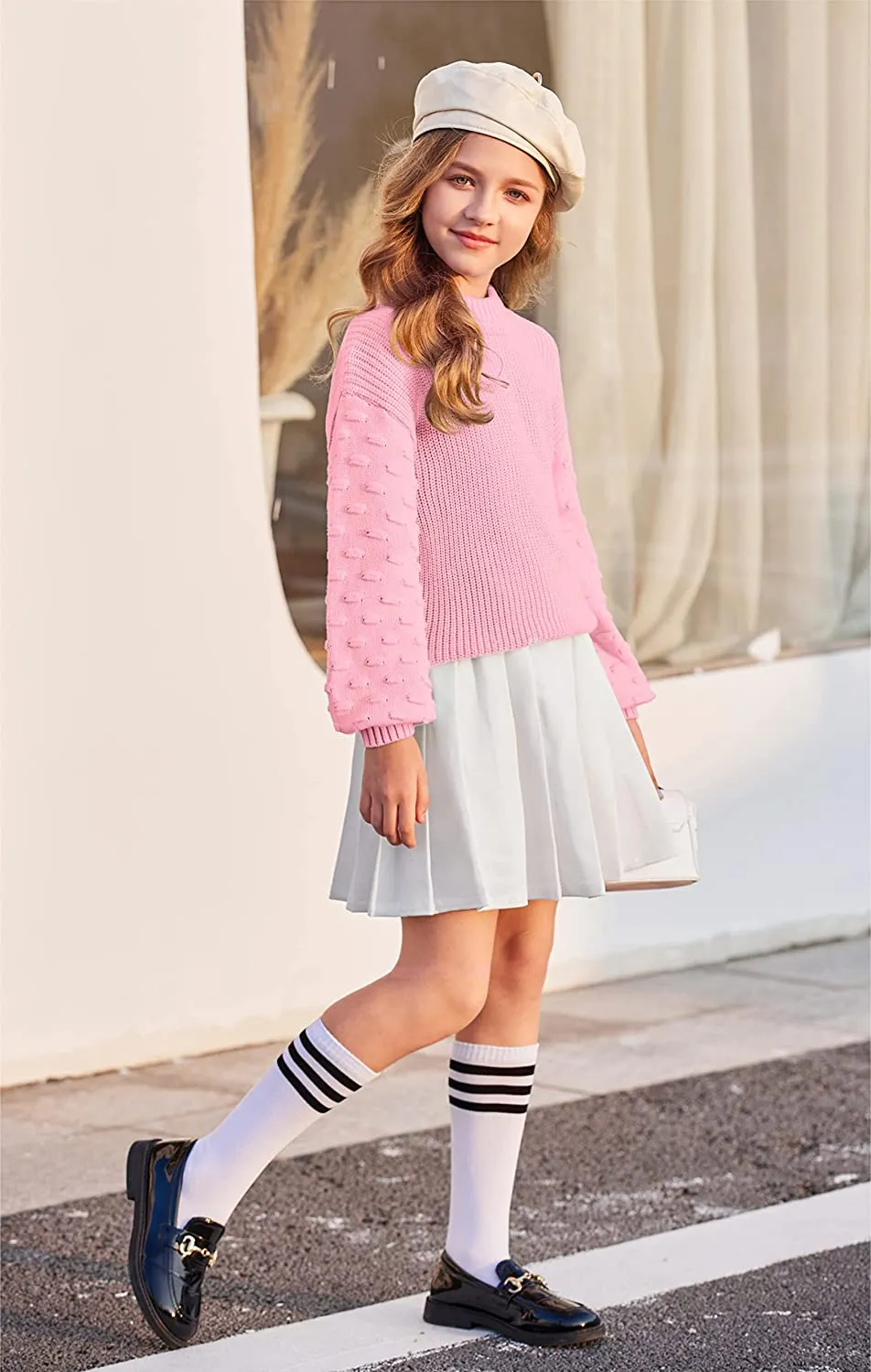 Arshiner Girls Crewneck Sweaters Chunky Lantern Sleeve Knit Jumper