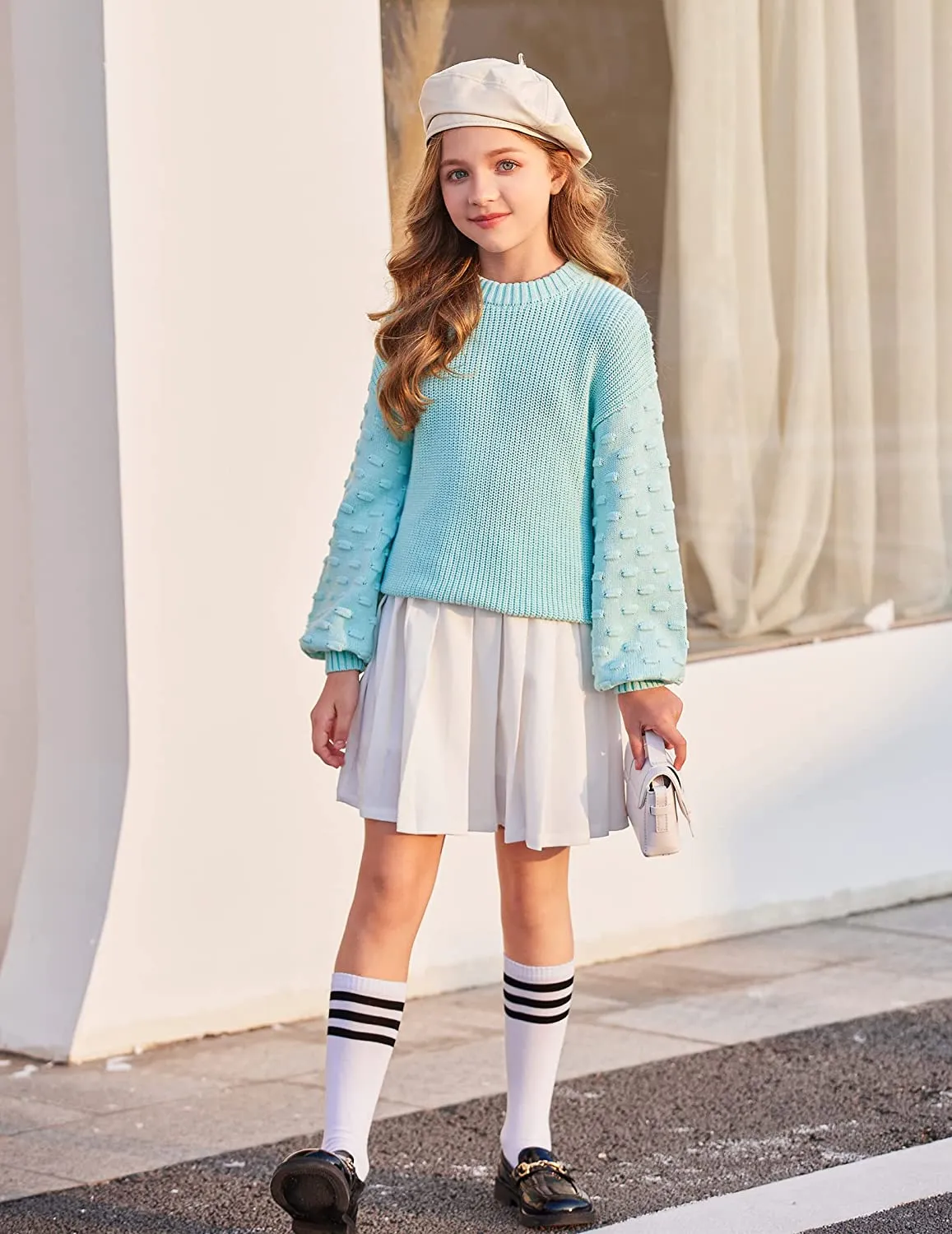 Arshiner Girls Crewneck Sweaters Chunky Lantern Sleeve Knit Jumper