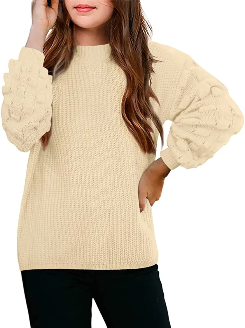 Arshiner Girls Crewneck Sweaters Chunky Lantern Sleeve Knit Jumper