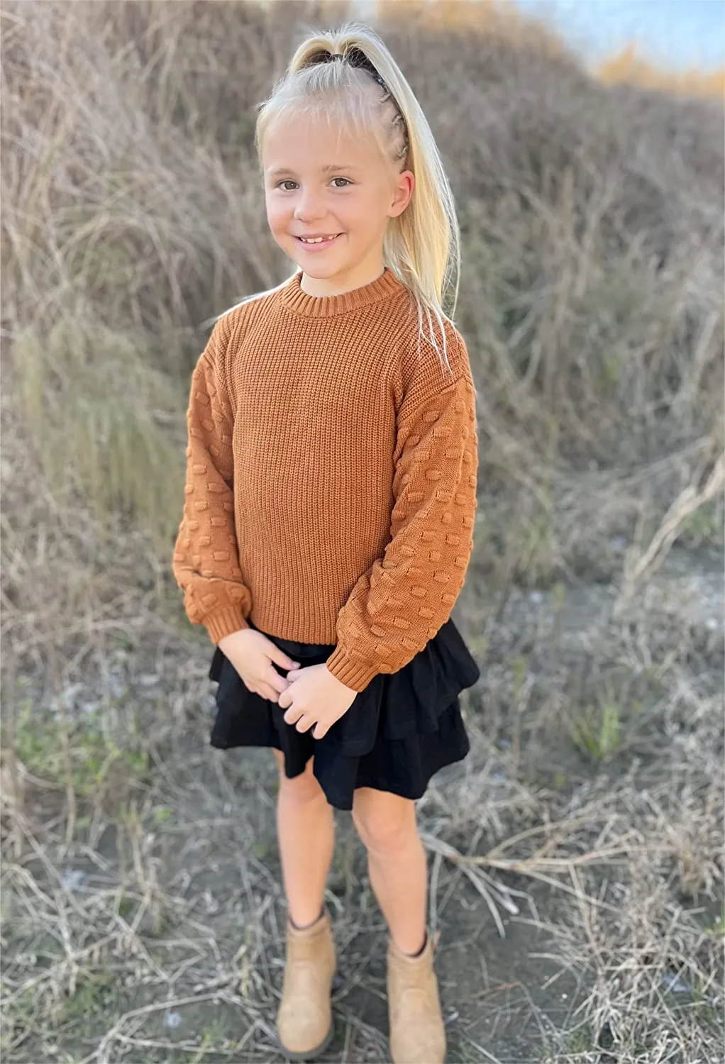 Arshiner Girls Crewneck Sweaters Chunky Lantern Sleeve Knit Jumper
