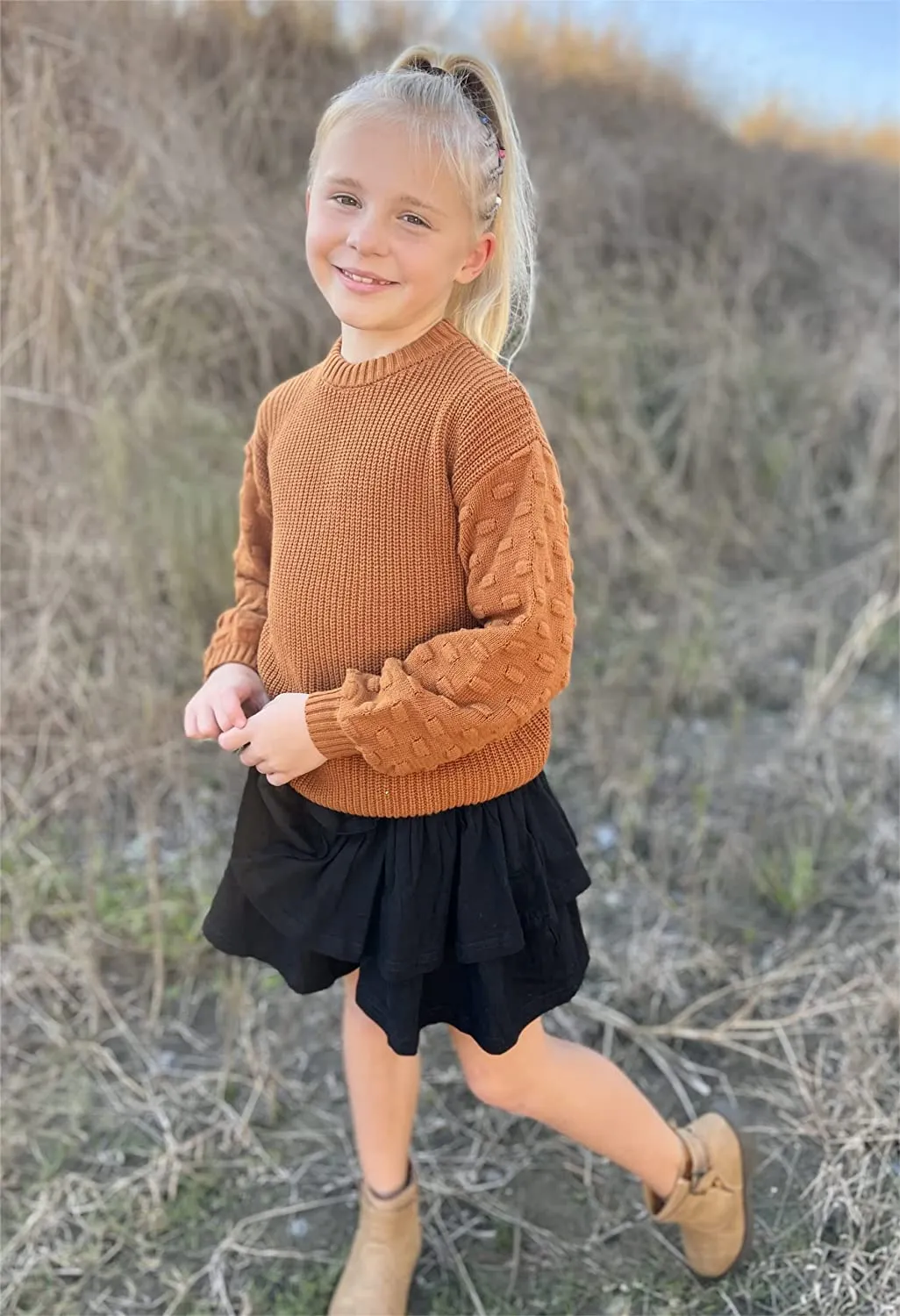 Arshiner Girls Crewneck Sweaters Chunky Lantern Sleeve Knit Jumper