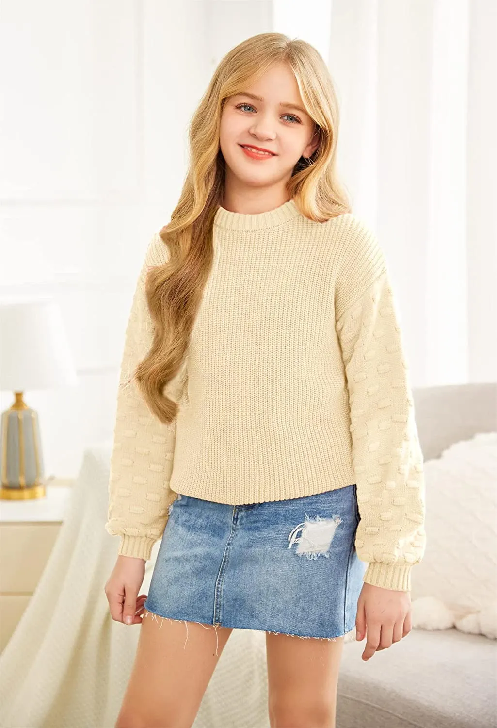 Arshiner Girls Crewneck Sweaters Chunky Lantern Sleeve Knit Jumper