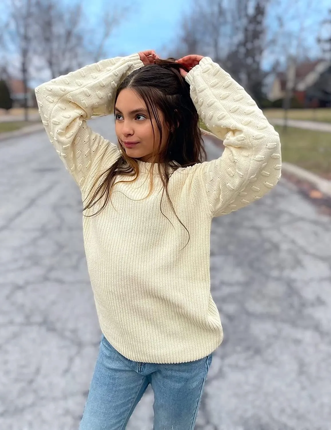 Arshiner Girls Crewneck Sweaters Chunky Lantern Sleeve Knit Jumper