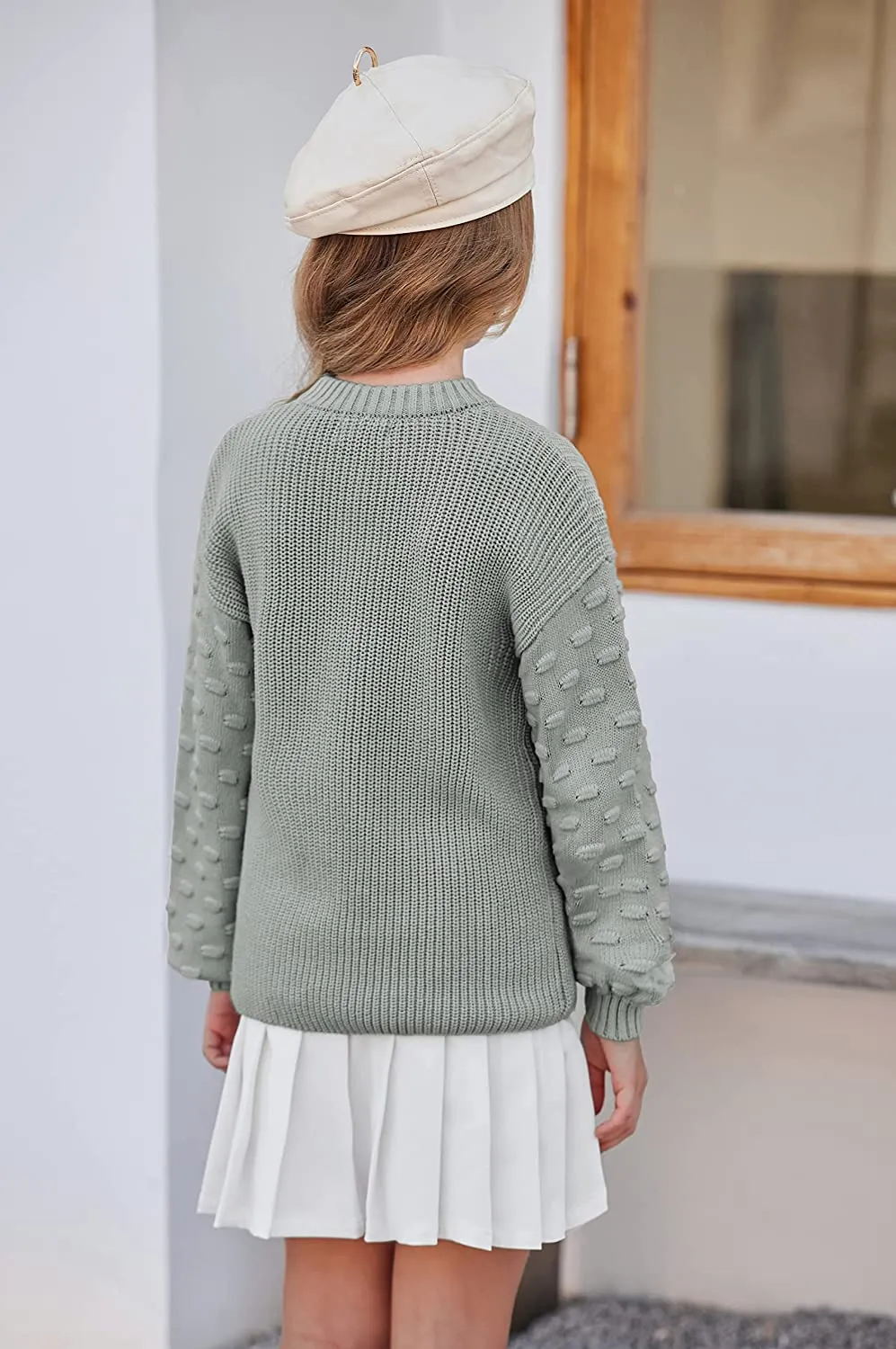 Arshiner Girls Crewneck Sweaters Chunky Lantern Sleeve Knit Jumper