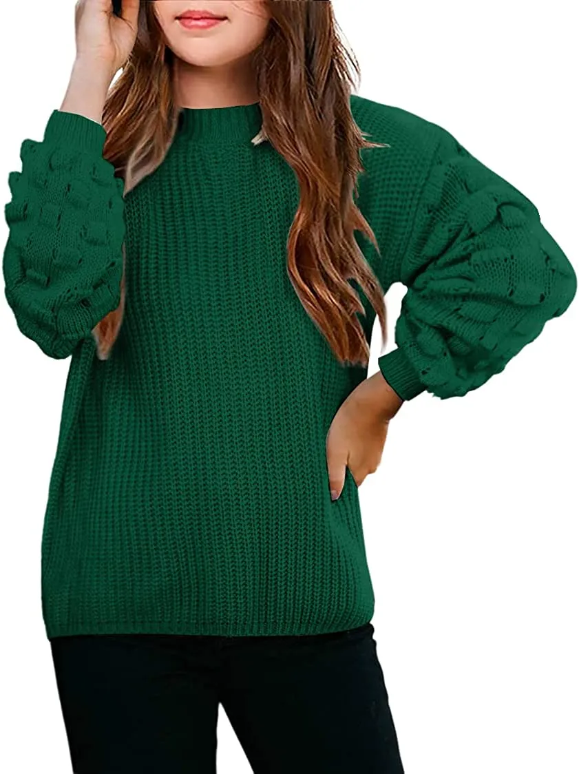 Arshiner Girls Crewneck Sweaters Chunky Lantern Sleeve Knit Jumper