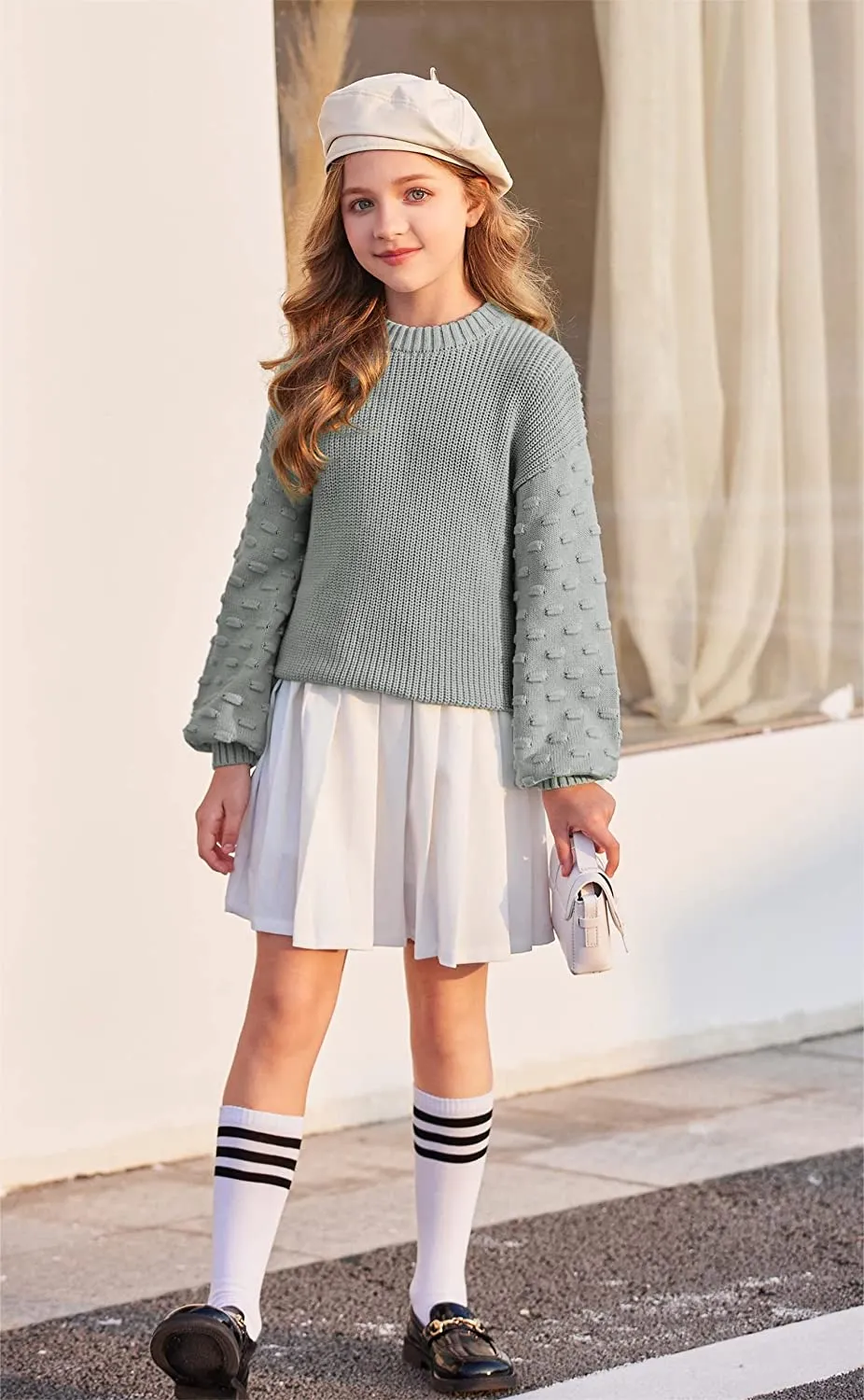 Arshiner Girls Crewneck Sweaters Chunky Lantern Sleeve Knit Jumper