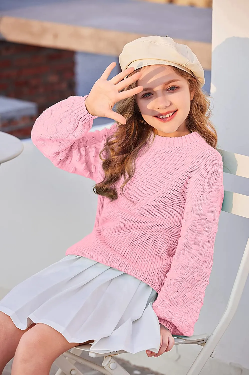 Arshiner Girls Crewneck Sweaters Chunky Lantern Sleeve Knit Jumper