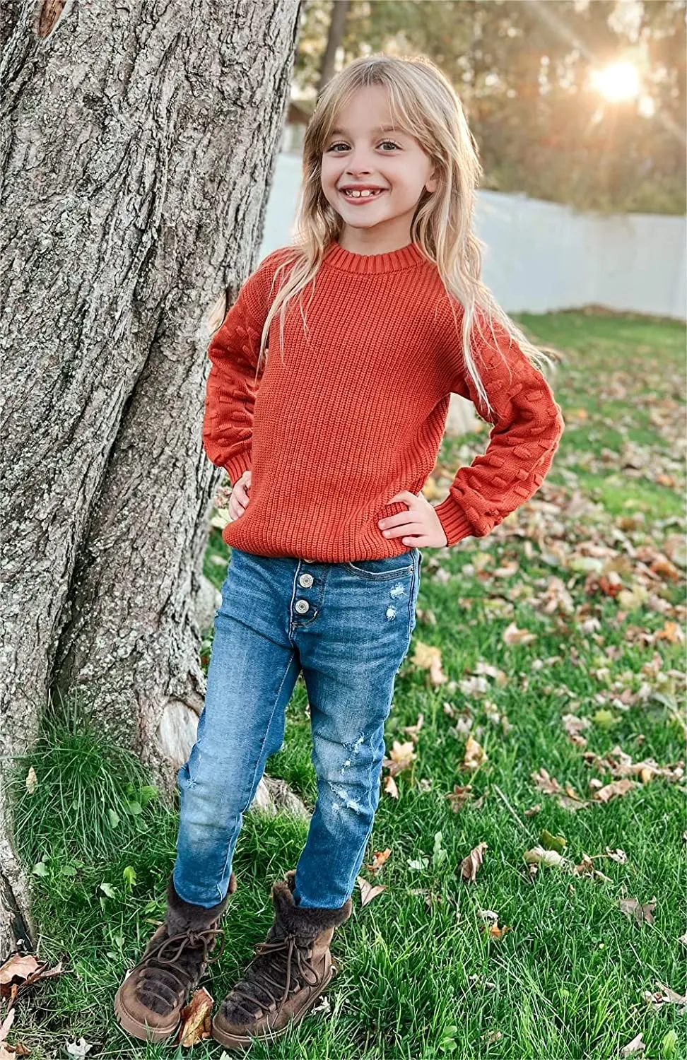 Arshiner Girls Crewneck Sweaters Chunky Lantern Sleeve Knit Jumper