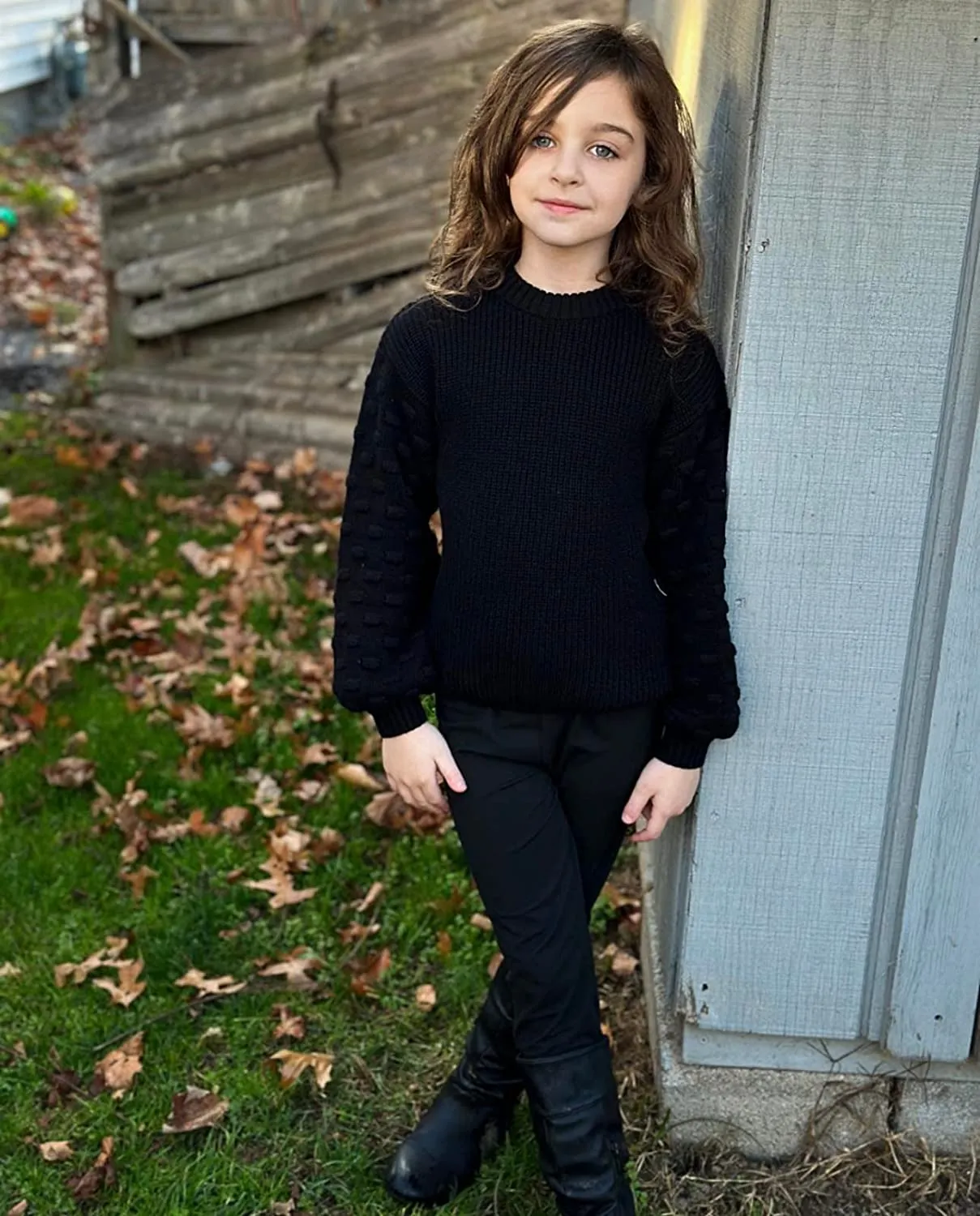 Arshiner Girls Crewneck Sweaters Chunky Lantern Sleeve Knit Jumper