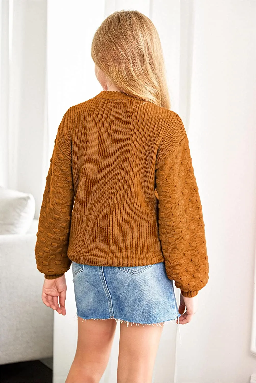 Arshiner Girls Crewneck Sweaters Chunky Lantern Sleeve Knit Jumper