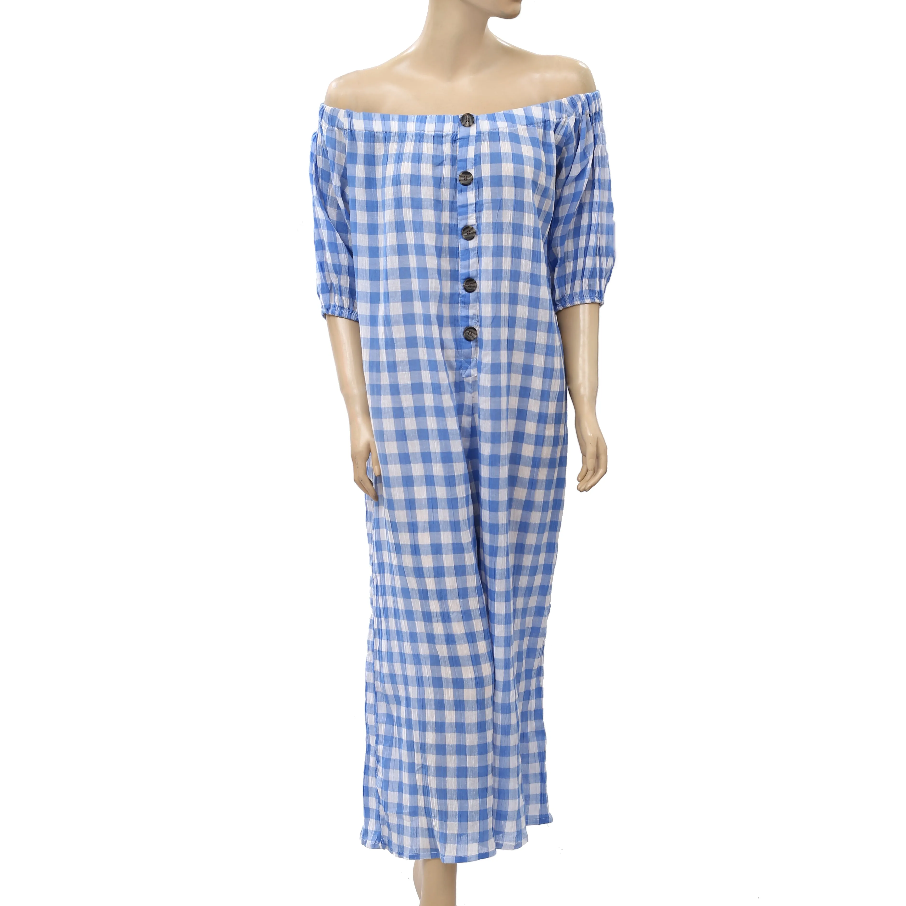 Asos Design Maternity Off Shoulder Wide Leg Plaid Cotton Jumpsuit