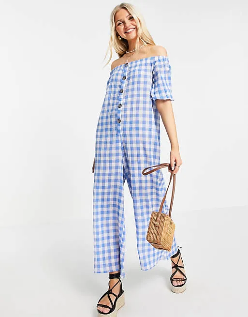 Asos Design Maternity Off Shoulder Wide Leg Plaid Cotton Jumpsuit